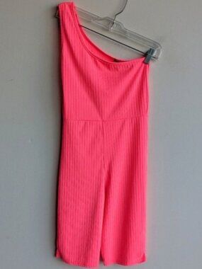 I Saw It First neon pink ribbed one shoulder one piece romper